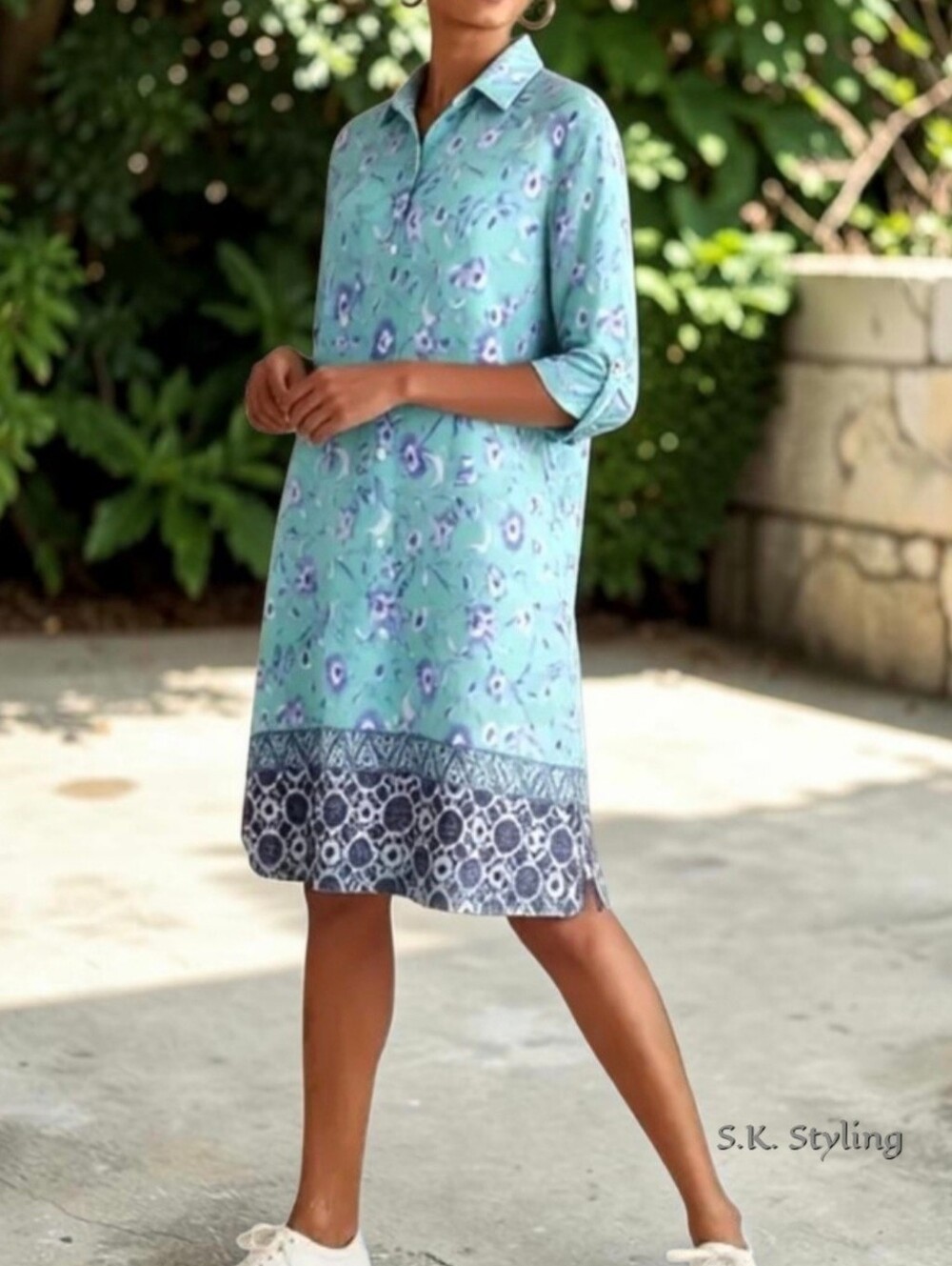 Lands' End XL 18 Cotton Shirt Dress Tunic Aqua Blue Floral Border Swim Cover Up
